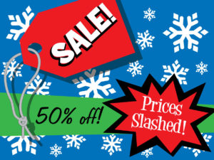 comic illustration of holiday sales tickets and slashed prices